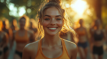 Smiling woman in activewear enjoys a fitness event outdoors during sunset, embodying happiness and vitality in a vibrant atmosphere.