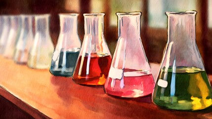 Colorful laboratory beakers showcase scientific research elegance on a warm wooden table backdrop