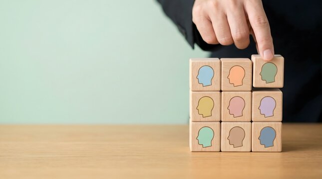 hand building wooden blocks with human head silhouettes