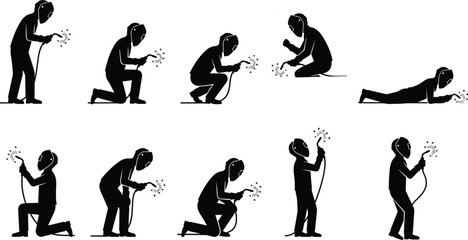 Welder silhouette collection depicting various welding poses with protective helmets and torches, sparks flying, kneeling and standing positions, safety gear, editable vector