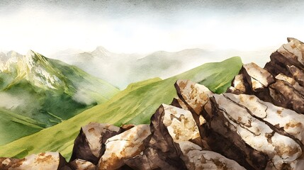 Majestic mountainscape watercolor illustration evokes adventure and scenic outdoor beauty ideal for commercial use