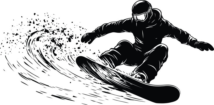 snowboarder silhouette performing extreme winter sport action with bold black and white ink splash motion effect isolated on white background modern freestyle snowboarding illustration for poster