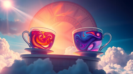 Vibrant tea cups on clouds with clock and sunset