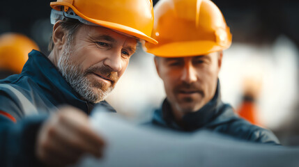 Two construction workers in hard hats review project plans, discussing the details essential for successful project completion.