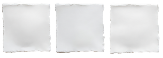 three white sheets of paper with tape on the edges, isolated on a white background