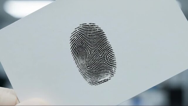 Closeup examination of fingerprint card in forensic laboratory scene