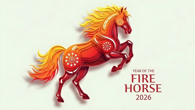 Golden fire horse zodiac art for Chinese New Year 2026, traditional lunar festival illustration for posters, banners and decorations
