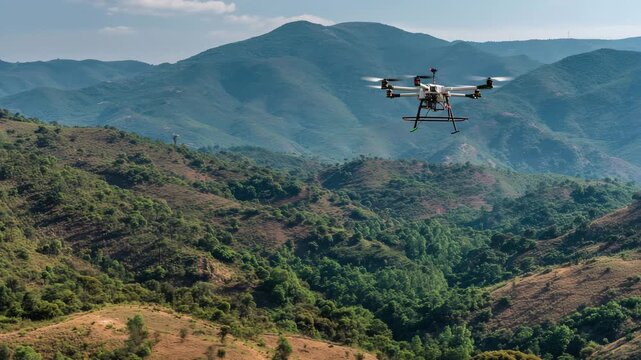 Autonomous drone flying over green forested mountain landscape with reforestation technology, showcasing nature conservation and advanced