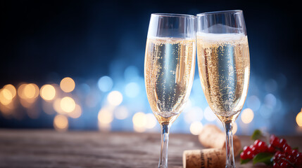 Two sparkling champagne flutes ready for a celebration, surrounded by festive decorations and an elegant backdrop.