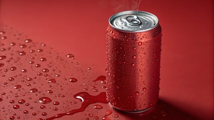Condensation on a red beverage can with water droplets falling