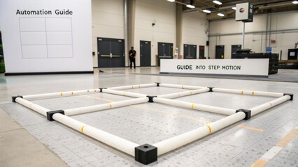 White Automation Guide Frame in Industrial Space with Clear Markings for Efficient Workflow and Organization