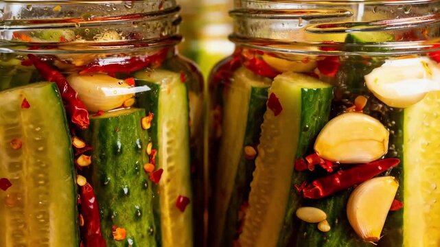 Closeup medium shot of spicy pickled cucumber spears being carefully layered in jars with chili flakes and aromatic garlic capturing the fiery flavor infusion process.