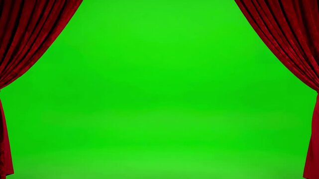Green Screen Alpha Matte with real velvet cloth stage silk red curtain open on for theater opera show scenes this opening are shooted camera slow motion cinematic distortion, overlay, glitch, static