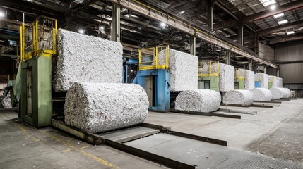 Large compressed bale of recycled paper and industrial baler in a paper recycling plant, illustrating the process of making paper on a production line.