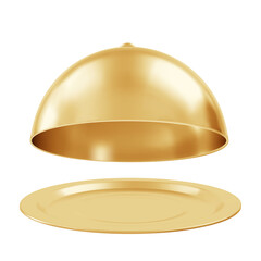 Fototapeta premium 3D golden cloche hovering over empty plate, luxury dining service concept with elegant metallic reflection, isolated on transparent background