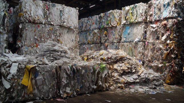 Baled waste paper in recycling facility representing paper recycling and the paper-making process on a production line.