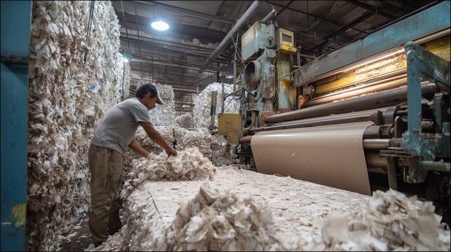 Worker feeding pulp into paper machine amid bale stack and roll, depicting paper recycling process in a factory.