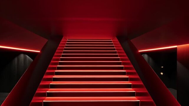Red staircase with neon lights in a dark room.