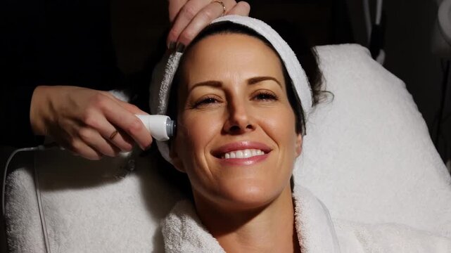 Relaxed client enjoying facial microcurrent treatment aimed at revitalizing skin enhancing circulation and improving overall facial brightness.