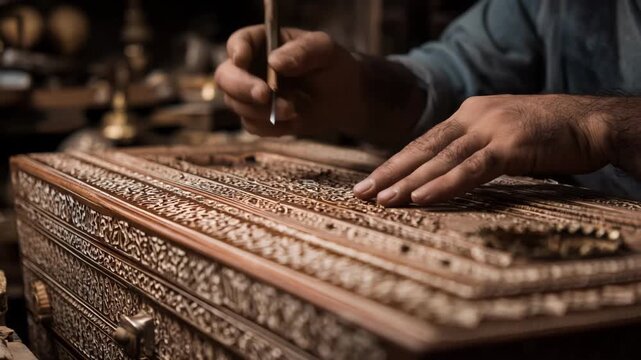 Skilled artisan carefully engraving intricate patterns onto a wooden casket in a dedicated design studio.
