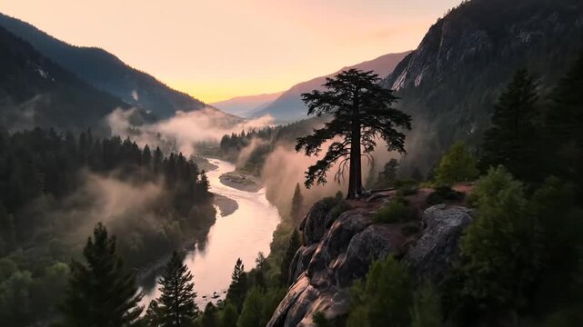 Sunrise over misty valley among tall evergreen trees and distant mountains