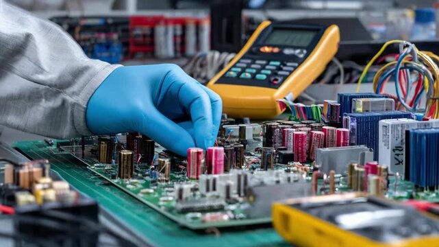 Specialist inspecting a power supply motherboard diagnosing capacitor failure with a digital multimeter in a clean organized workspace