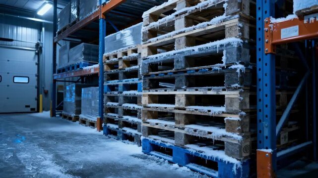 Cold storage environment showing medium view of stacked pallets on pallet racking highlighting frosty floor texture and dim moody lighting ambience.