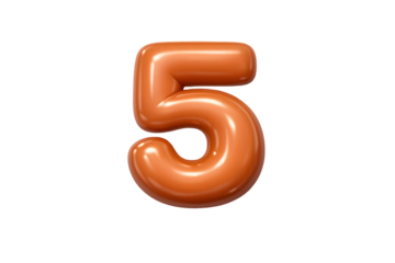 Glossy orange inflatable balloon number five isolated on black background