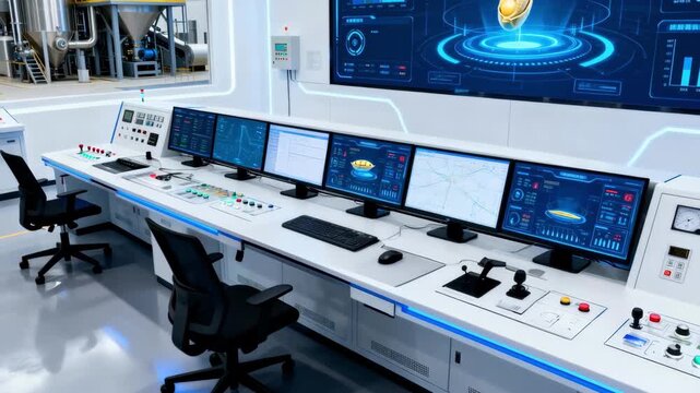 Brightly lit soybean process control room featuring AIdriven dashboards with predictive alerts and realtime data for optimizing production efficiency and sustainability.