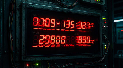 Close up of a metal digital scale screen showing red numbers. Concept of weighing heavy cargo containers in a logistics warehouse.