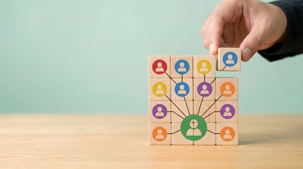 Fototapeta premium teamwork concept with wooden blocks and human icons