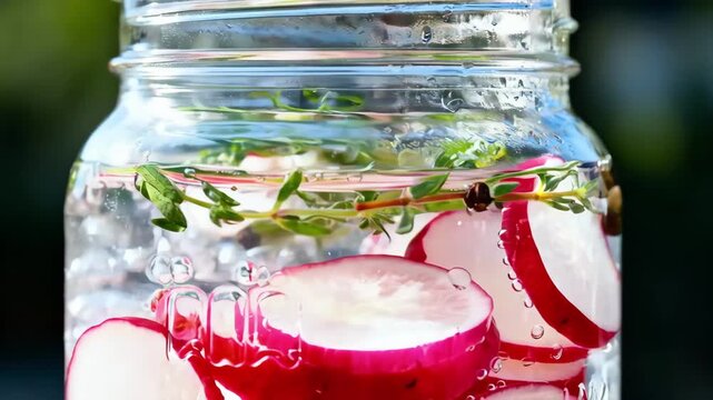 Closeup medium shot capturing bright radish slices submerged in a quick brine showcasing the crunchy freshness and colorful appeal of chilled pickled produce.