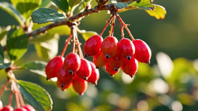 Close-up Shot of Red Berries Hanging on a Branch with Green Leaves in Soft Light