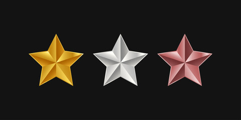 Obraz premium Shiny gold, silver, and bronze stars on a black background with a festive and elegant look