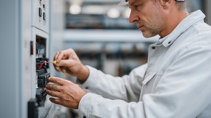 Close-up of technical work where experts are calibrating electrical control circuits, carefully regulating highvoltage input to a critical valve unit. cinematic color correction, natural uneven