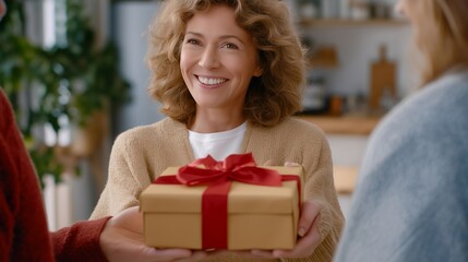 Obraz premium Housewarming celebration showing people giving gifts to new homeowners, welcoming energy, clean interior, optimism, connection, friendship and everyday success lifestyle concept cinematic color