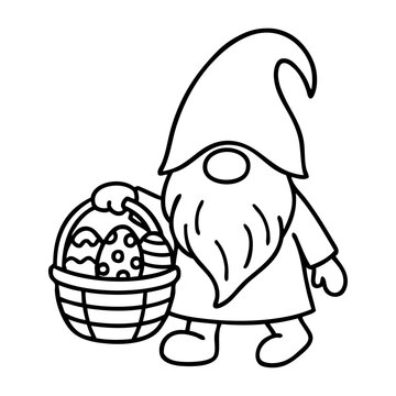 Dibujo sencillo con l&iacute;neas de gnomo de Santa Claus sosteniendo en la mano una cesta llena de huevos de pascua