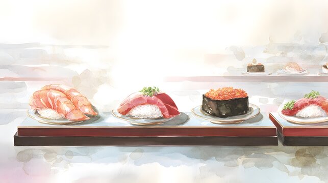 Elegant sushi illustration conveys fresh Japanese cuisine on a conveyor belt display banner - Powered by Adobe