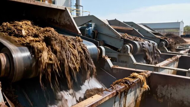 Dynamic view of outdoor conveyor belts moving wet fiber and press cake under natural light emphasizing smooth transfer to feed loading zones.