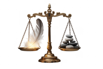 Golden scale with feather and stones balance justice isolated on a transparent background