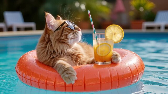 Cute orange cat wearing sunglasses, lounging on an orange inflatable ring in a swimming pool, holding a lemonade with a straw and lemon slice. Fun summer mood. Relaxation, humor, pet.