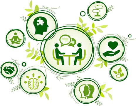 Holistic mental health vector illustration. Green concept with icons related to therapy & support / emotional balance, positive energy, relaxation, clarity, natural energy / somatic healing.