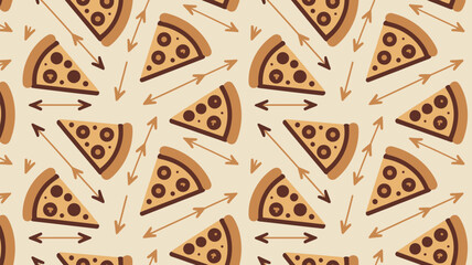 Pepperoni pizza slices with arrows on beige background pattern