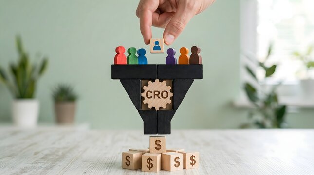 Conversion rate optimization concept with funnel and people