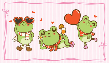 Kawaii Valentine Frog Set Cartoon Character Hand Drawn Greeting Card Printable