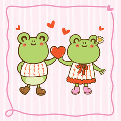 Kawaii Valentine Frog Set Cartoon Character Hand Drawn Greeting Card Printable