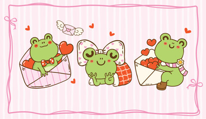 Kawaii Valentine Frog Set Cartoon Character Hand Drawn Greeting Card Printable