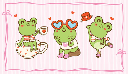 Kawaii Valentine Frog Set Cartoon Character Hand Drawn Greeting Card Printable