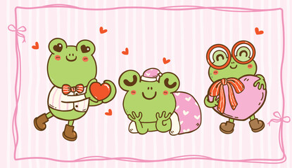 Kawaii Valentine Frog Set Cartoon Character Hand Drawn Greeting Card Printable