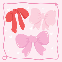 Cute Pink Ribbon Bow Set Element Hand Drawn Illustration